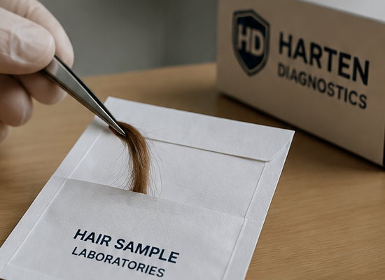 Hair sample being placed into a sample envelope for toxicology testing